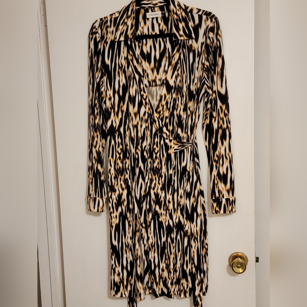 CALVIN KLEIN Leopard/ Animal Print Wrap Midi Dress SZ-12